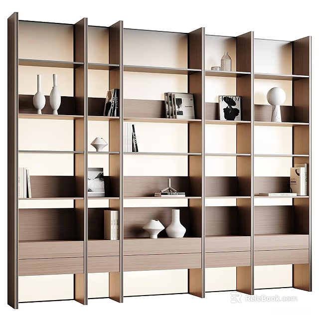 Modern Bookshelf Design With Multiple Shelves Books Decorative Vases Sculptures And Picture Frames 3d model 