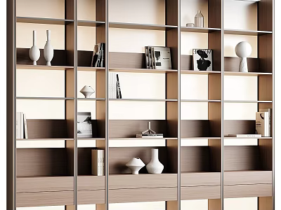 Modern Bookshelf Design With Multiple Shelves Books Decorative Vases Sculptures And Picture Frames 3d model