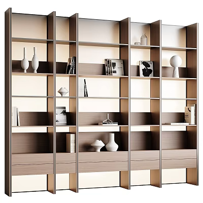 Modern Bookshelf Design With Multiple Shelves Books Decorative Vases Sculptures And Picture Frames 3d model