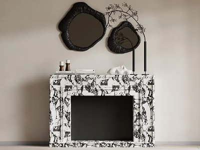 Modern Black And White Patterned Fireplace With Decorative Mirrors And Sculptures 3d model