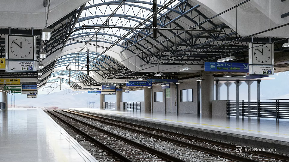 Modern Train Station Platform With Arched Metal Roof Rail Tracks And Directional Signs 3d model 