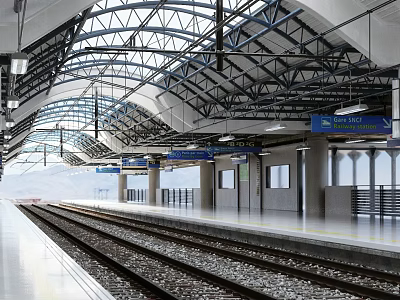 Modern Train Station Platform With Arched Metal Roof Rail Tracks And Directional Signs 3d model