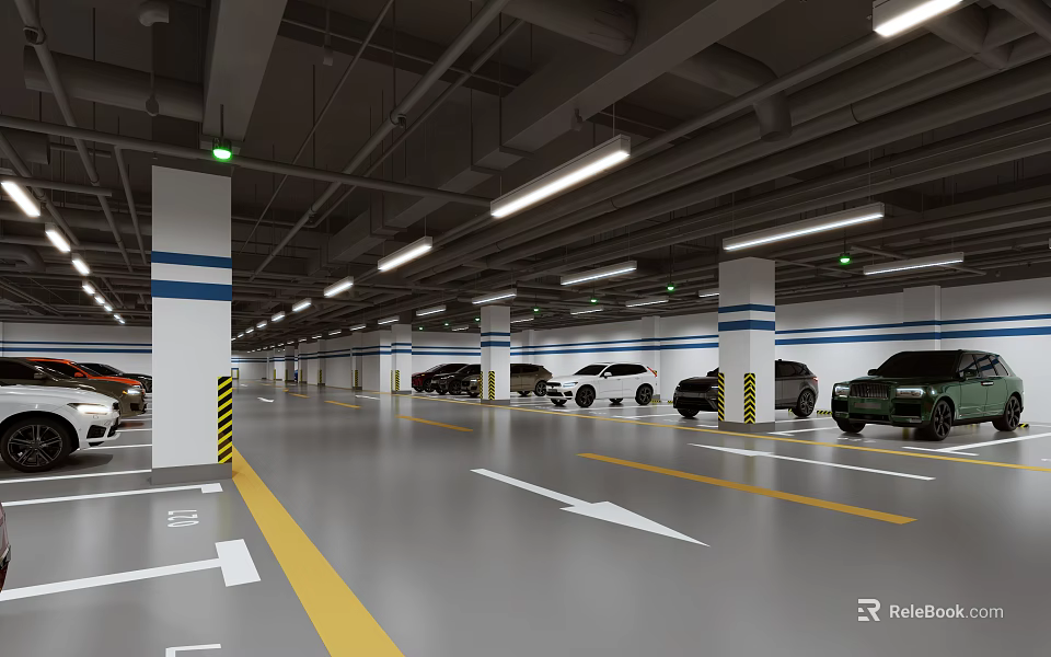 Modern Parking Garage With Yellow White Arrow Markings White Columns Blue Stripes And Parked Cars 3d model 