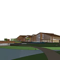 Modern Wooden Sales Office Building With Glass Facade Green Lawn And Stone Pathway