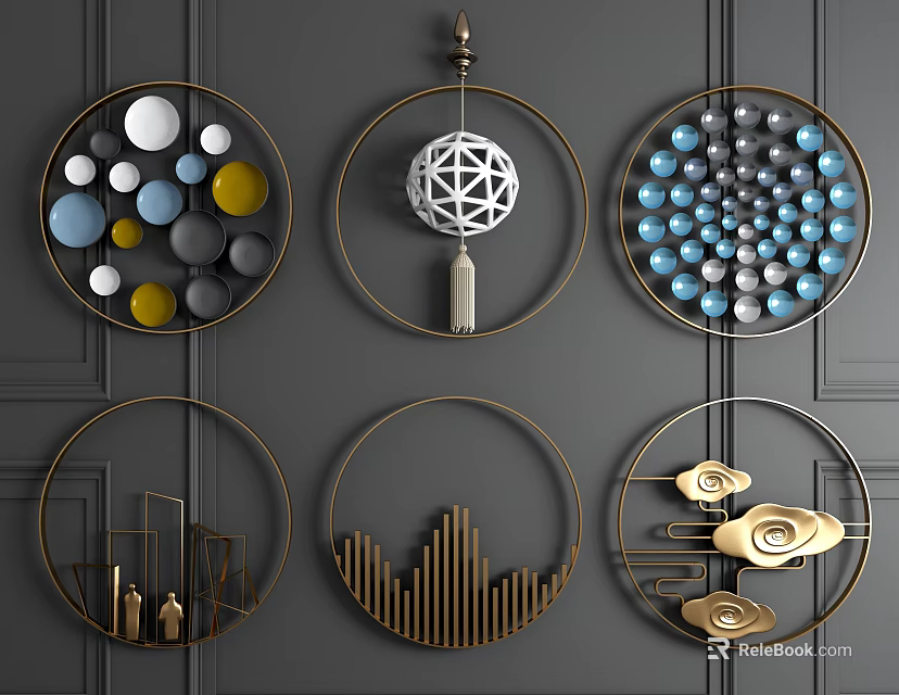 Modern Circular Wall Decor With Diverse Geometric Patterns And Metal Frames 3d model