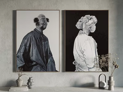 Abstract Paintings Featuring Portrait Figures In Dark White Clothing And Unique Headpieces On Wall 3d model