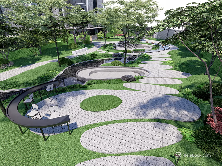 Tranquil Residential Landscape With Winding Pathways Circular Lawns Seating And Green Spaces 3d model 