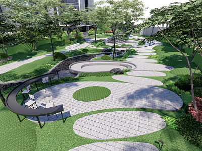 Tranquil Residential Landscape With Winding Pathways Circular Lawns Seating And Green Spaces 3d model