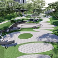 Tranquil Residential Landscape With Winding Pathways Circular Lawns Seating And Green Spaces