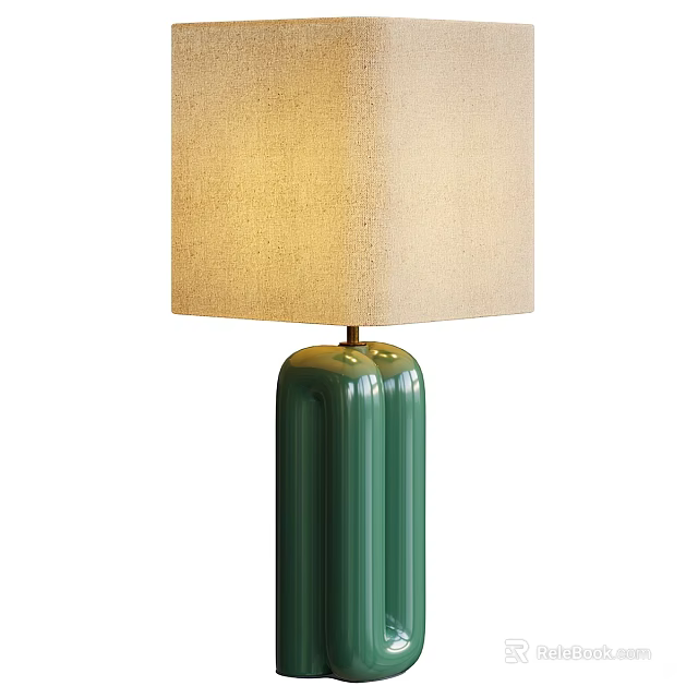 Green Cylindrical Ceramic Table Lamp With Beige Fabric Shade And Soft Light 3d model 