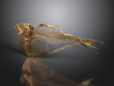 Artistic Golden Fish Skeleton Display On Dark Background With Reflection 3d model