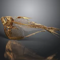 Artistic Golden Fish Skeleton Display On Dark Background With Reflection