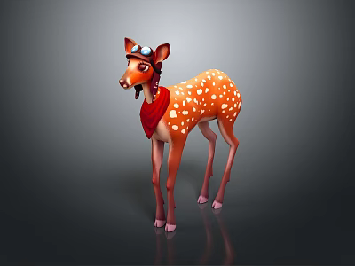 Cartoon Fawn 3D Model With Goggles Red Scarf And White Spots 3d model