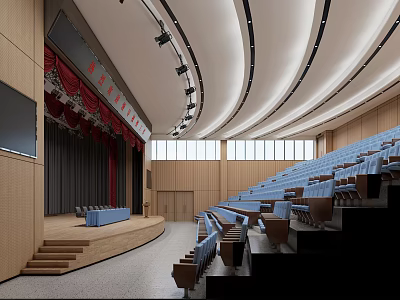 Modern Conference Room With Tiered Blue Seats Stage Red Curtain Curved Ceiling And Wooden Walls 3d model