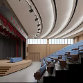 Modern Conference Room With Tiered Blue Seats Stage Red Curtain Curved Ceiling And Wooden Walls