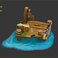 Tranquil Wooden Pier Scenery Over Blue Water With Barrels And Lifebuoy