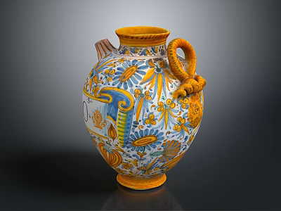 Decorative Vase With Yellow Blue Floral Patterns And Ornate Handle 3d model
