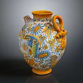 Decorative Vase With Yellow Blue Floral Patterns And Ornate Handle