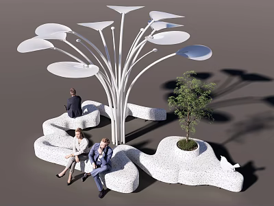 Modern White Outdoor Chairs with Streamlined Design Near Tree Like Structure and Small Tree 3d model