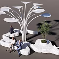 Modern White Outdoor Chairs with Streamlined Design Near Tree Like Structure and Small Tree
