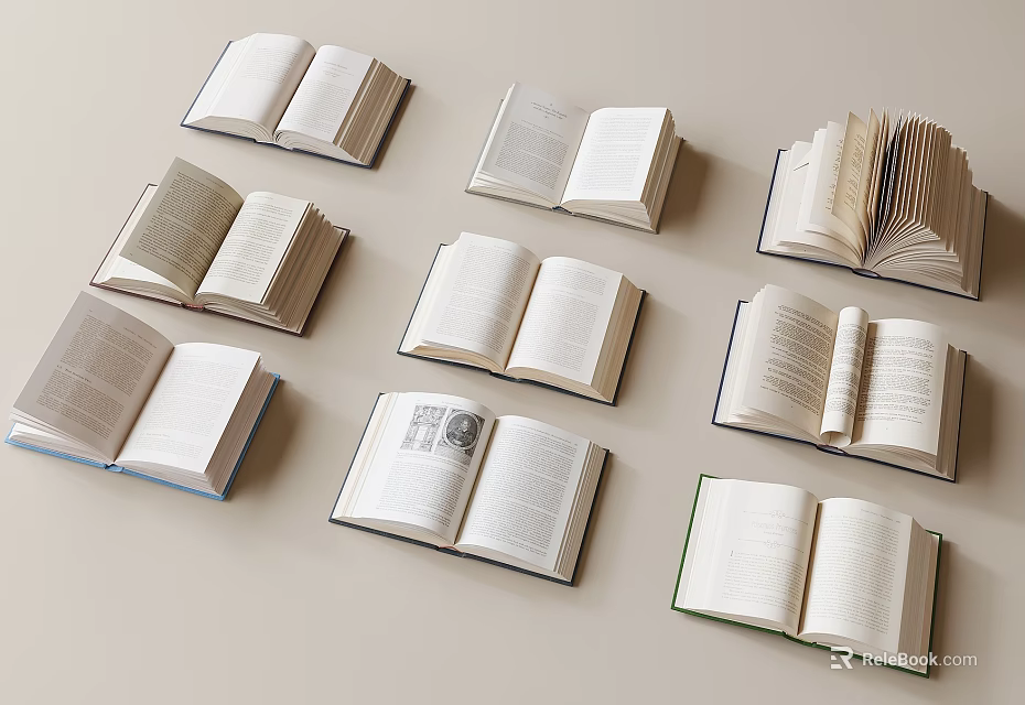 Multiple Open Books Arranged in Various Angles on Light Colored Background 3d model 