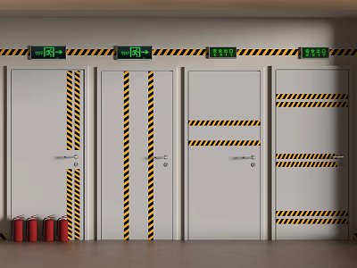 Fire Safety Equipment With Fire Exit Doors Warning Stripes Indicator Signs And Fire Extinguishers 3d model