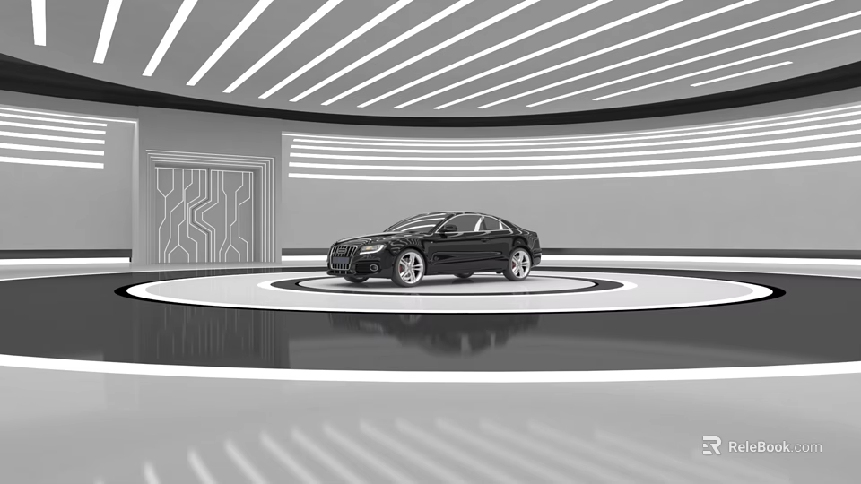 Sleek Black Car Displayed On Circular Platform In Modern Interior With Ceiling Lines 3d model 