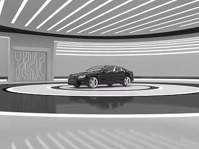 Sleek Black Car Displayed On Circular Platform In Modern Interior With Ceiling Lines 3d model