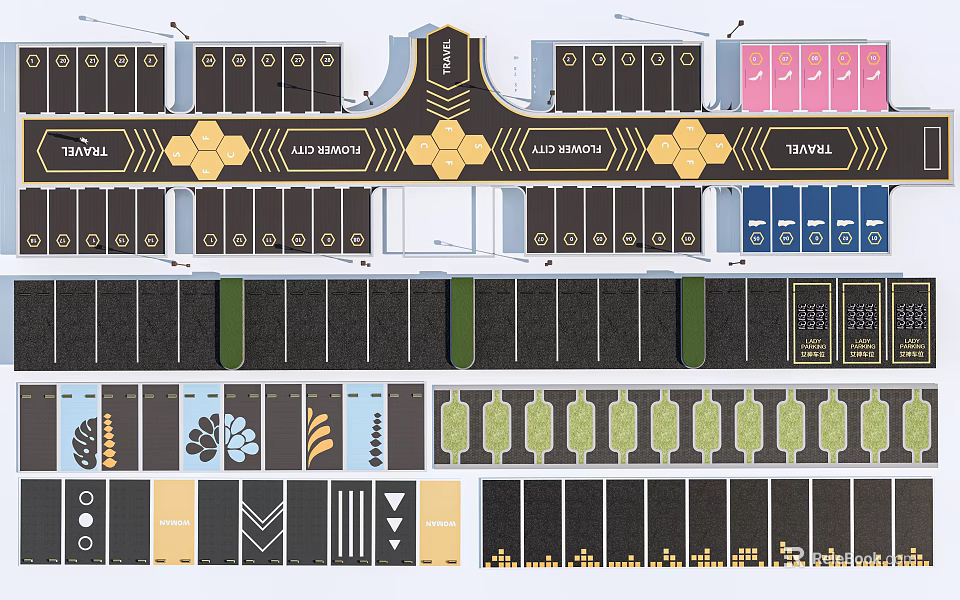 Ecological Parking Lot Design With Green Landscaping Permeable Pavements And Solar Lighting 3d model 