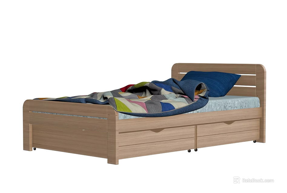 Wooden Single Bed With Storage Drawers Colorful Quilt And Blue Pillow 3d model 