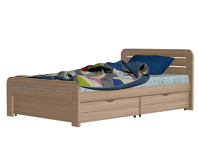 Wooden Single Bed With Storage Drawers Colorful Quilt And Blue Pillow 3d model