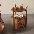 Wooden Rolling Side Table With Rattan Storage Shelf For Living Room Decor