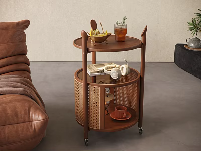 Wooden Rolling Side Table With Rattan Storage Shelf For Living Room Decor 3d model