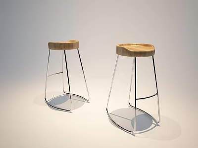 Sleek Modern Bar Stools With Round Wooden Seat And Chrome Metal Legs Design 3d model