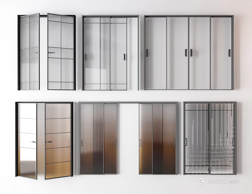 Various Modern Door Designs Featuring Glass Panels Metal Frames And Textured Patterns 3d model