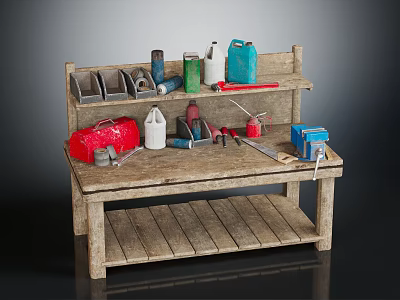 Rustic Wooden Workbench With Various Tools And Colored Containers On Top 3d model
