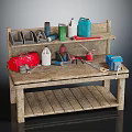 Rustic Wooden Workbench With Various Tools And Colored Containers On Top 3d model