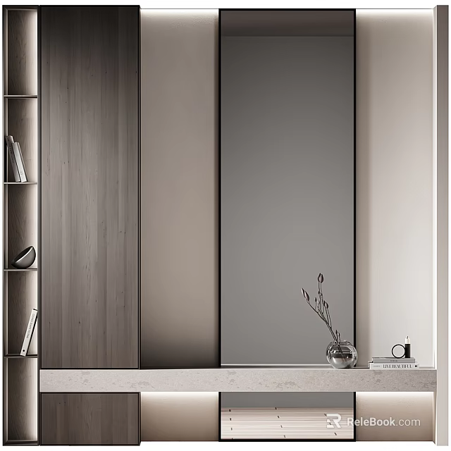 Modern Entryway Interior With Wooden Panels Large Mirror And Decorative Items 3d model 