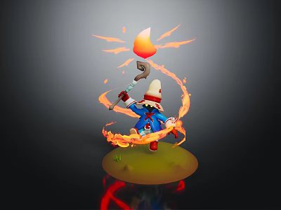 Wizard in White Hat Blue Outfit Casting Fire with Flaming Staff Surrounded by Fire Swirls 3d model