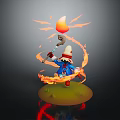 Wizard in White Hat Blue Outfit Casting Fire with Flaming Staff Surrounded by Fire Swirls