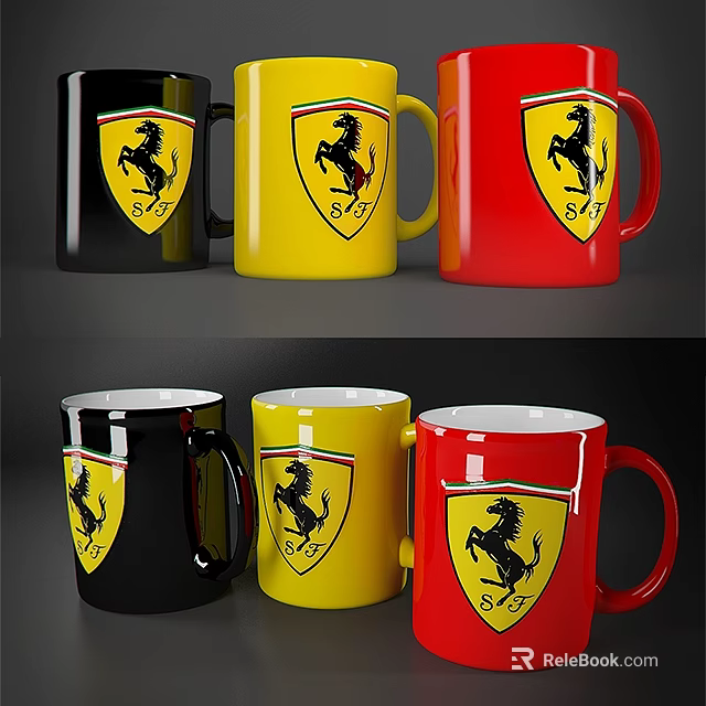 Modern Ceramic Mugs In Red Yellow Black Featuring Stylish Horse Graphic Design 3d model 