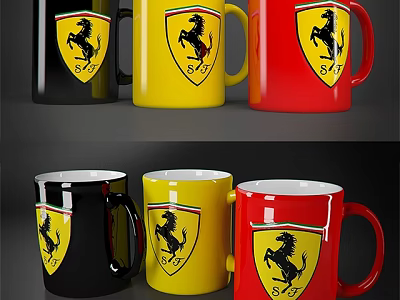 Modern Ceramic Mugs In Red Yellow Black Featuring Stylish Horse Graphic Design 3d model