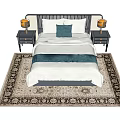 Double Bed with Blue Pillow Throw and Patterned Rug Plus Nightstands and Table Lamps 3d model