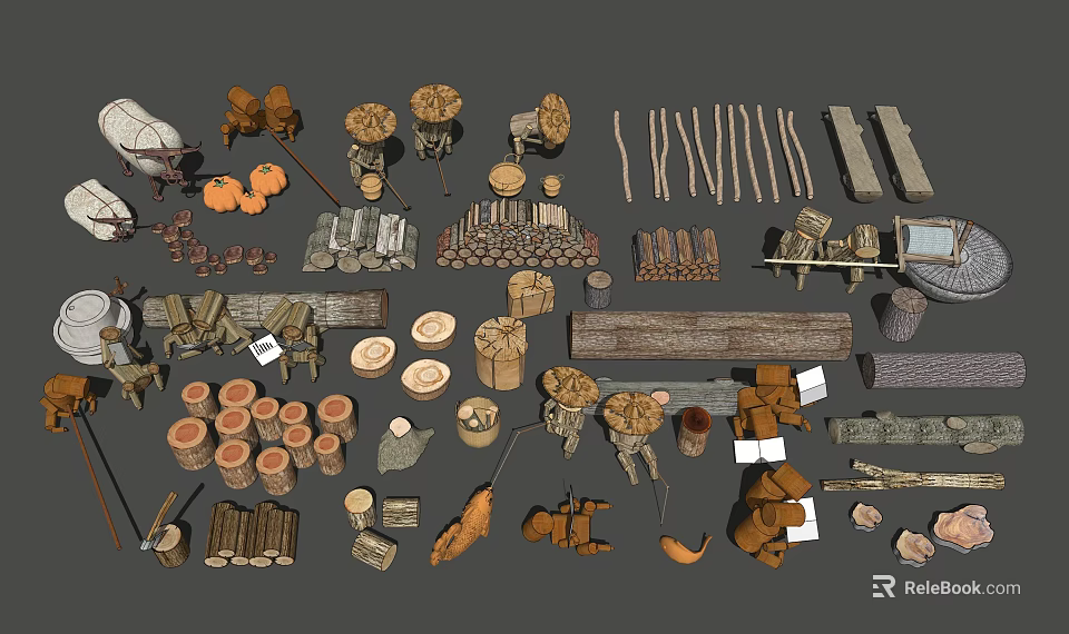 Various Stone and Wood Materials Including Logs Planks and Decorative Blocks 3d model