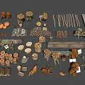 Various Stone and Wood Materials Including Logs Planks and Decorative Blocks 3d model