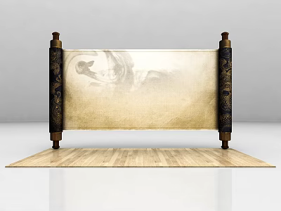 Cream Colored Scroll With Black Decorated Pillars On Wooden Floor 3d model