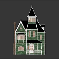 Two Story Detached Villa With Green Exterior White Trim Gabled Roof And Front Porch