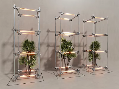 Floral Installation With Three Metal Frame Structures Green Plants And Lighting Tubes 3d model