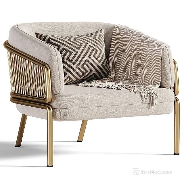 Modern Beige Single Sofa With Gold Metal Frame Geometric Pillow And Blanket 3d model 