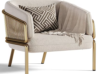 Modern Beige Single Sofa With Gold Metal Frame Geometric Pillow And Blanket 3d model